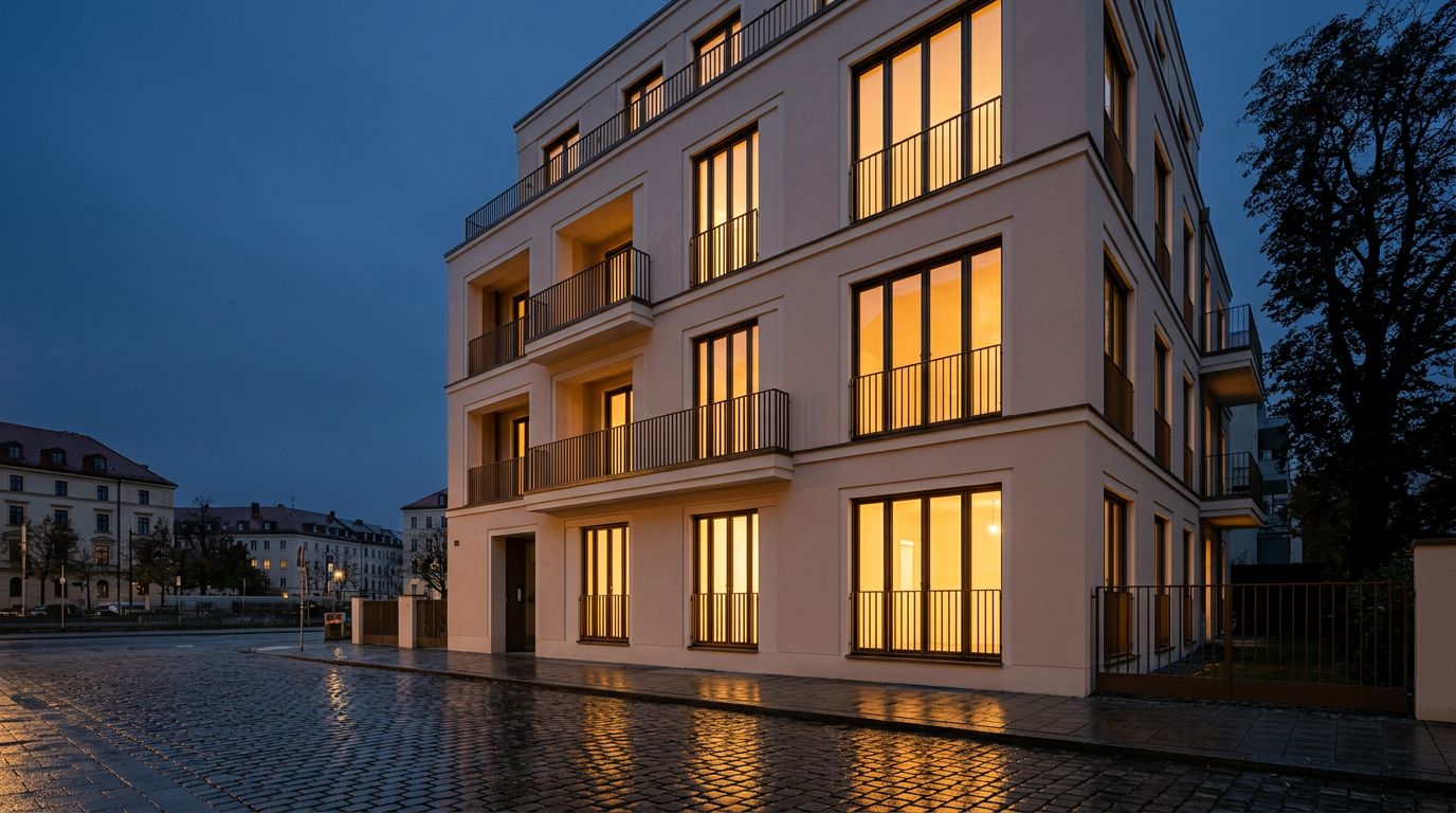 Moderne Fassade zur blauen Stunde